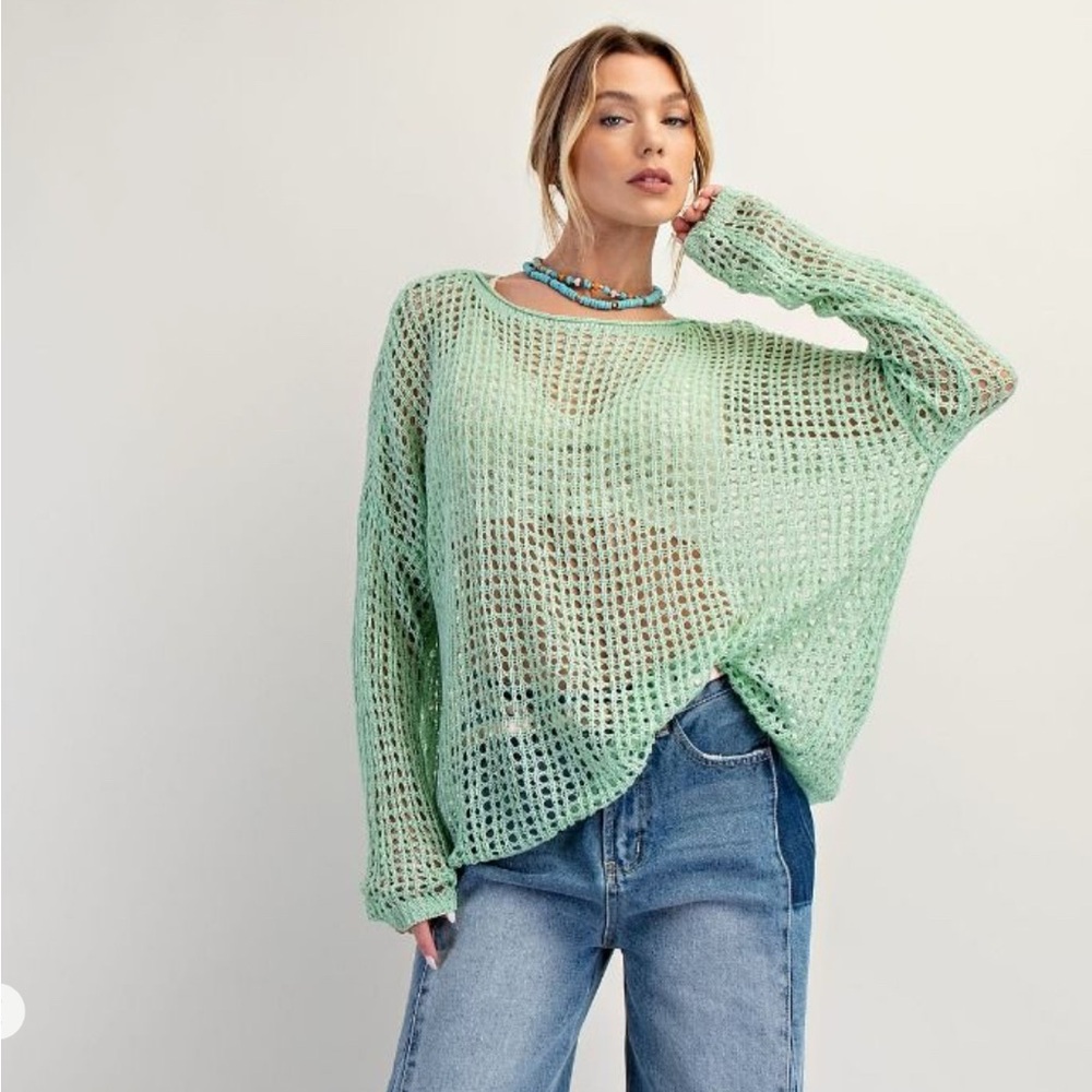Easel Light Green Open-Knit Blouse